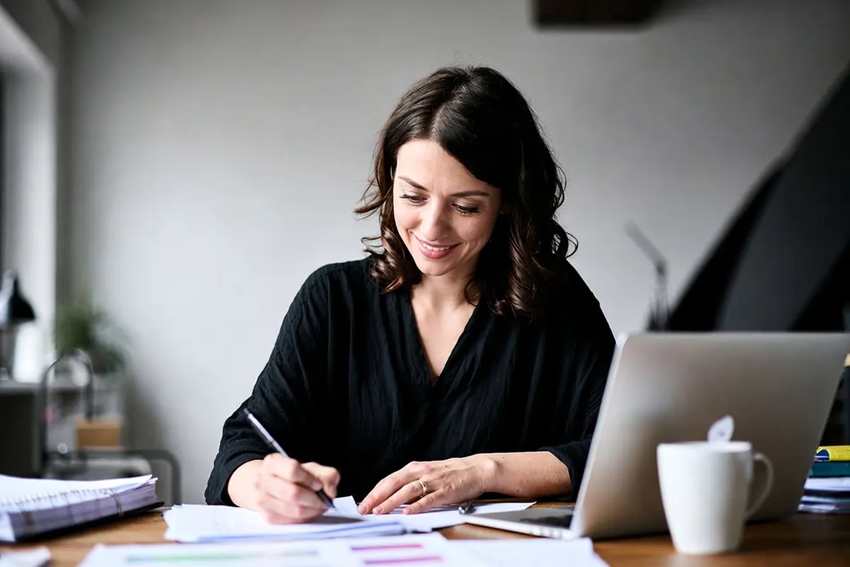 Frau arbeitet konzentriert am Schreibtisch – Absicherung der Arbeitskraft