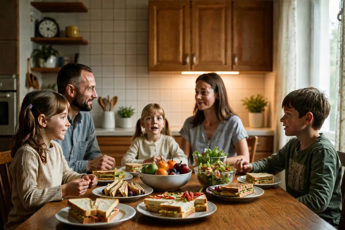 Familie beim gemeinsamen Essen am Küchentisch – Absicherung der Familie