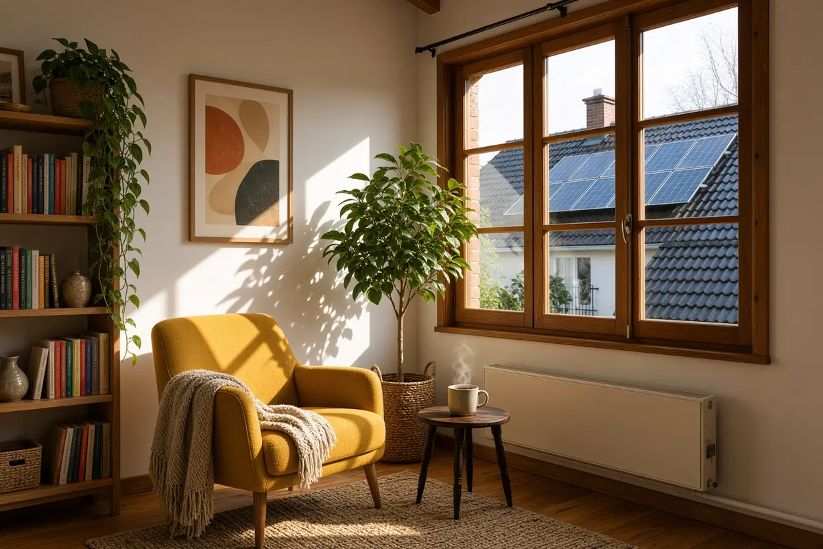 Helles Wohnzimmer mit Blick auf ein Hausdach mit Photovoltaikanlage – Eigenheim- und Haushaltsversicherung